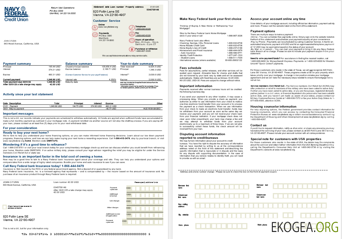 Relevé d'hypothèque de la banque fédérale de la marine américaine aux formats Word et PDF, 2 pages